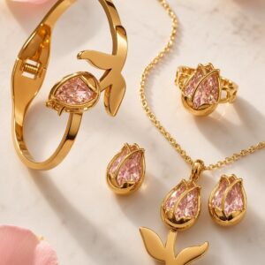 The Rose Tulip Pink Floral Combo Set-Gold Finish
