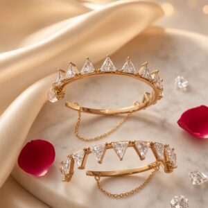 Crown Crest Trillion Cut With Dangle Chain Hoops-Gold Finish