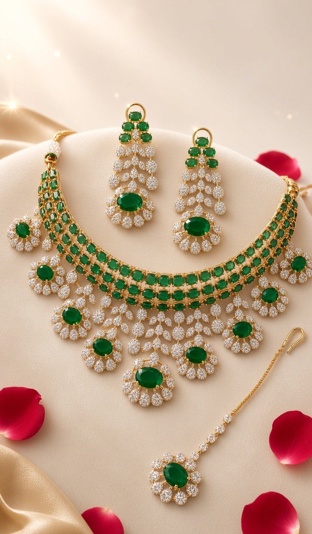 Sovereign Emerald Bloom Maharani Nizam Cz Choker Set With Mangtika-Gold Finish