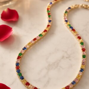 Aura Kaleidoscope Tennis Prism Riviera Multicolor Necklace-Gold Finish
