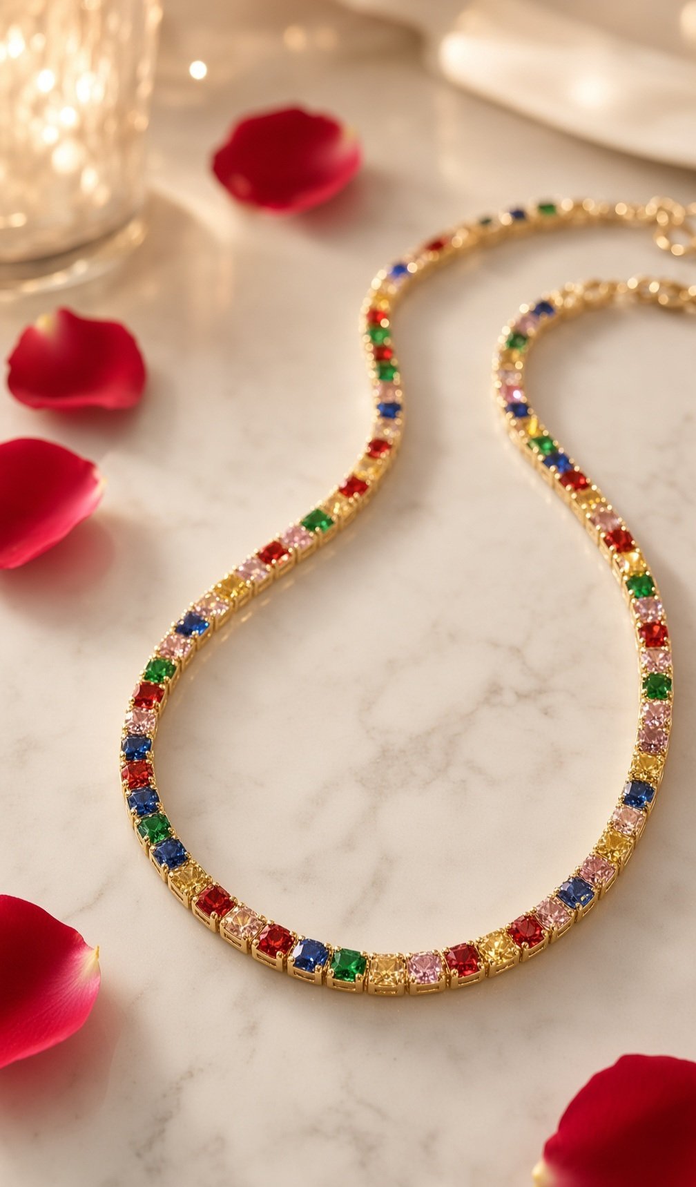 Aura Kaleidoscope Tennis Prism Riviera Multicolor Necklace-Gold Finish