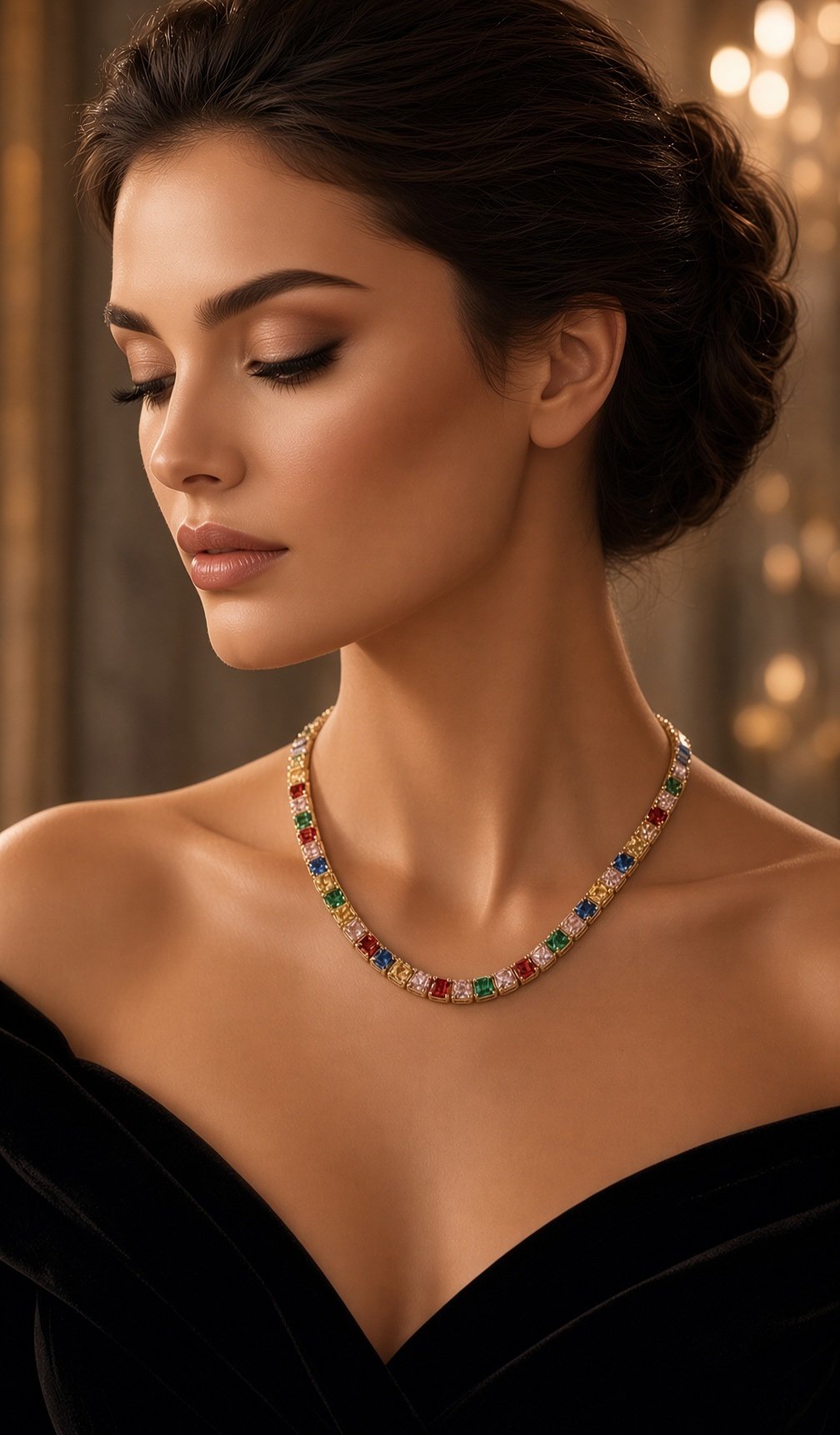 Aura Kaleidoscope Tennis Prism Riviera Multicolor Necklace-Gold Finish - Image 2