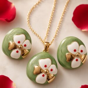 The Botanique Emblem Green Enamel Floral Pendant Set-Gold Finish