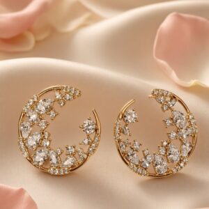 The Celestial Crescent Diamond-Style Open-Circle Earrings-Gold Finish