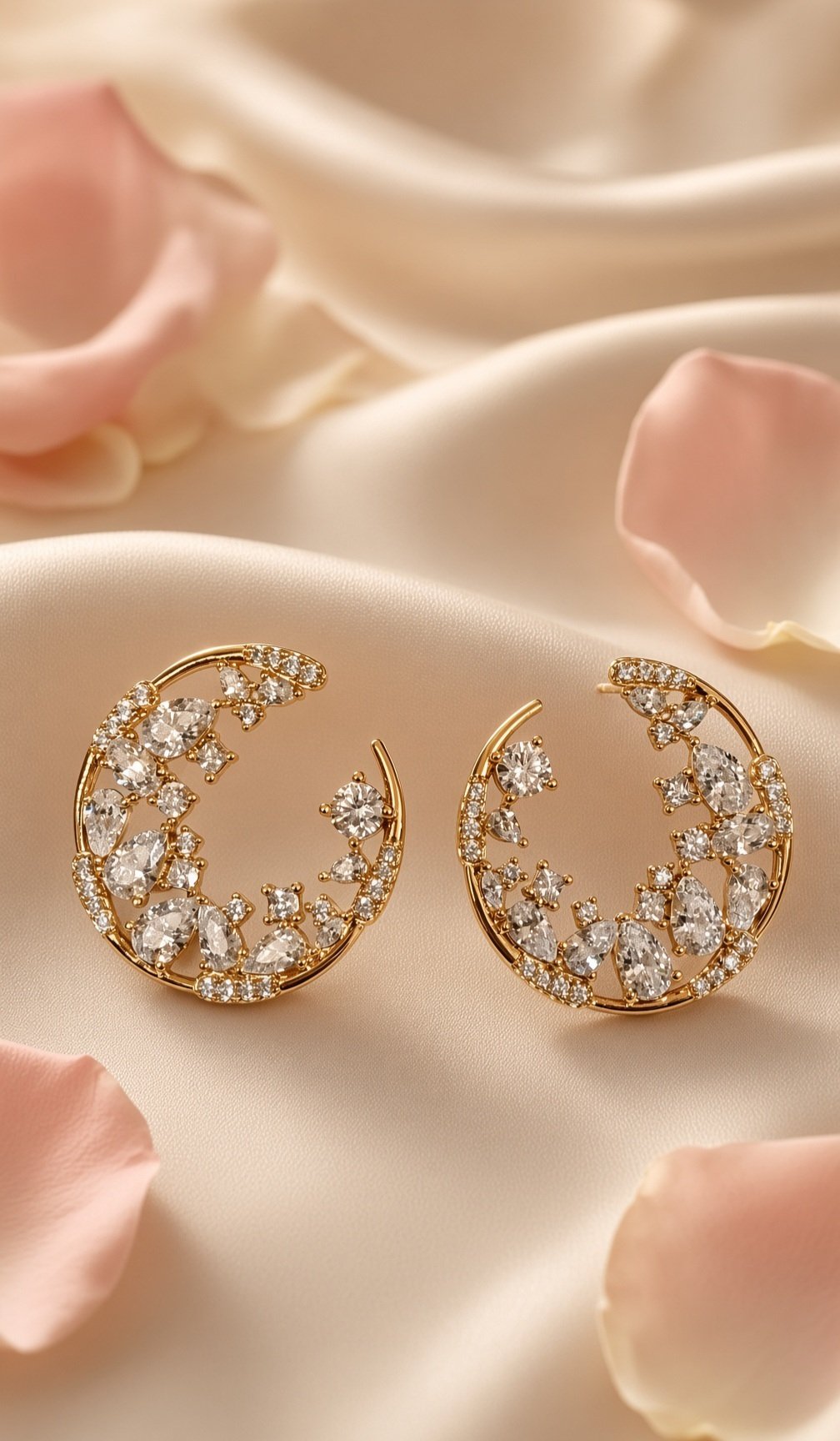 The Celestial Crescent Diamond-Style Open-Circle Earrings-Gold Finish