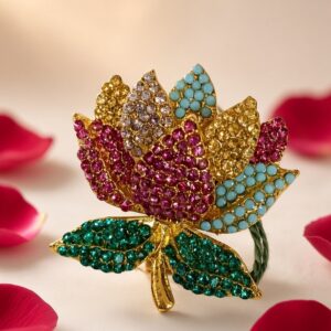 The Royal Multicolor Lotus Turquoise Heritage Statement Brooch-Gold Finish