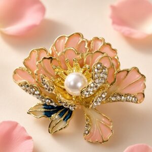 The Royal Blush Enamel Peony Pearl Enamel Statement Brooch-Gold Finish