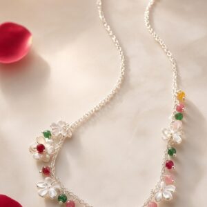 Majestic Multi-Gemstone Floral Garland Necklace-Platinum Finish