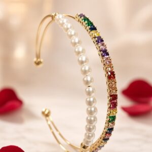 Iris Multi-Gemstone And Freshwater Perals Open Kada Bracelet-Gold Finish