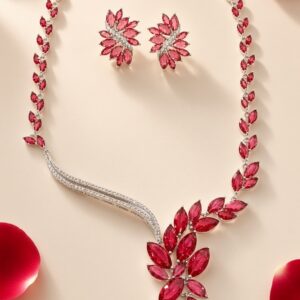 The Crimson Leaf Marquise Ruby And Botanical Necklace Set-Platinum Finish