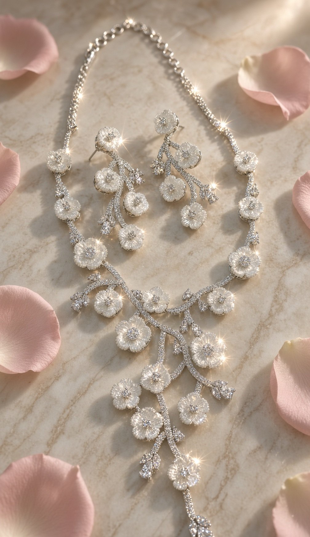 The Cherry Blossom Sakura Frost Diamond-Style Branch Jasmine Necklace-Platinum Finish