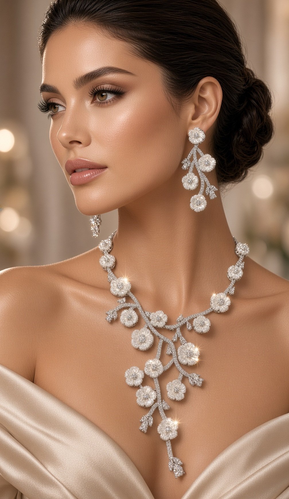 The Cherry Blossom Sakura Frost Diamond-Style Branch Jasmine Necklace-Platinum Finish - Image 2
