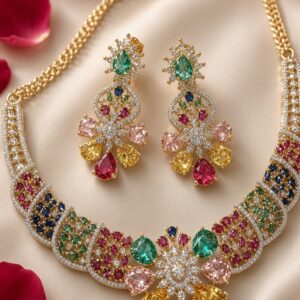The Royal Multi-Gemstone Spectrum Floral Choker Set-Gold Finish