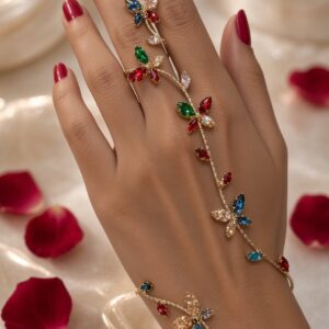 Papillon Multi-Gemstone Butterfly Vine Hathphool Bracelet-Gold Finish