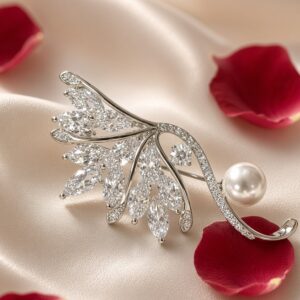 Aethelgard Cascading Feather And Pearl Brooch-Platinum Finish