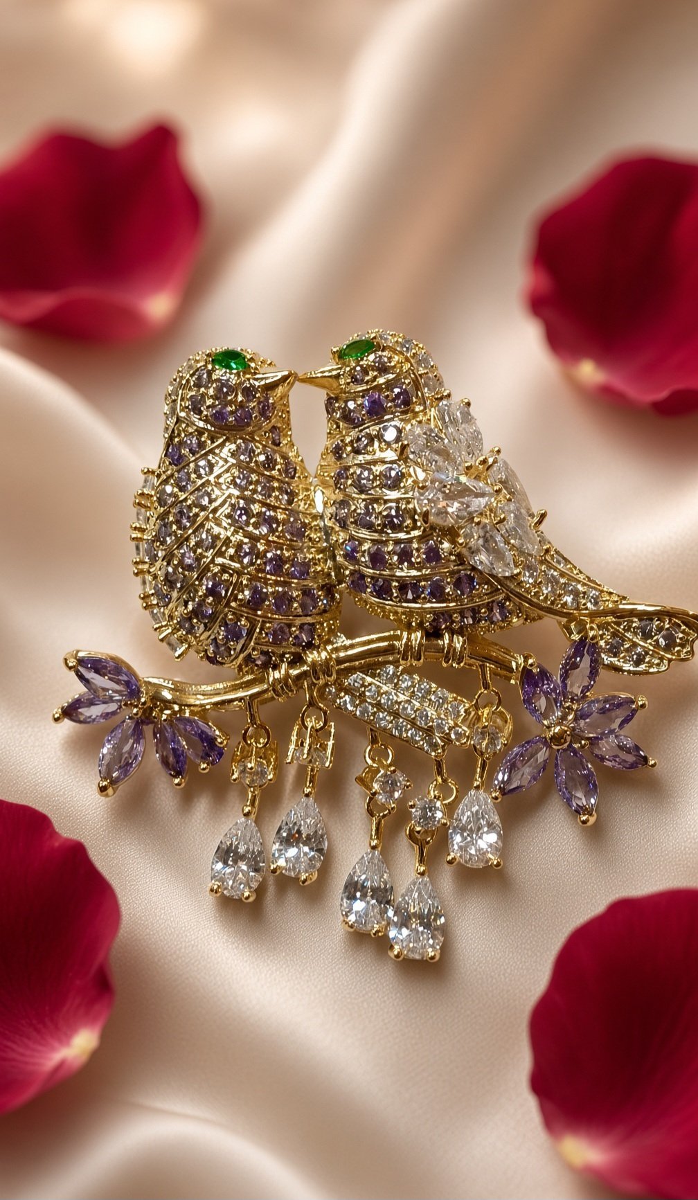 The Amethyst Amour Pavè Lovebirds Branch Brooch-Gold Finish
