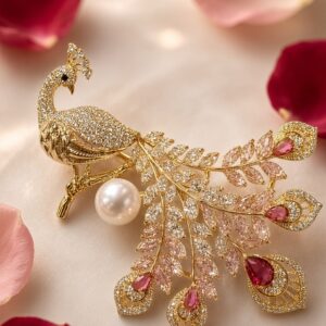 Imperial Mayura Majestic Regency Diamond-Style Ruby Peacock Brooch-Gold Finish