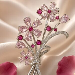 The Rosalia Pink Sapphire Bouquet And Pavè Ribbon Brooch-Platinum Finish
