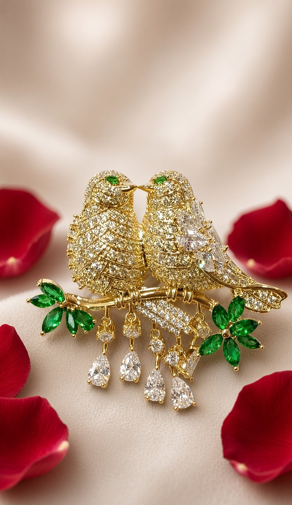 The Amour Lovebirds Emerald And Pavè Brooch-Gold Finish
