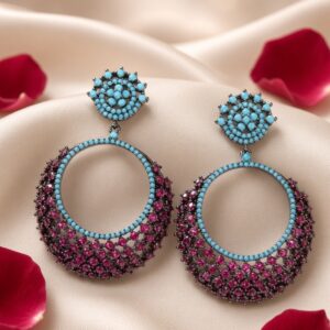 Turquoise Bead And Crimson Royale Crescent Earrings-Black Rhodium Finish