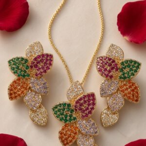 The Prism Autumnal Leaf Micro-Pavè Multicolor Pendant Set-Gold Finish