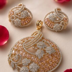 The Royal Botanical Blush Pink Quartz Cz Pendant Set-Gold Finish