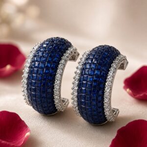 Royal Blue Sapphire Mosiac Wide Hoops-Platinum Finish