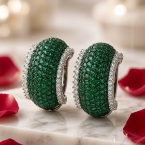 Verdant Emerald Pavè Wide Hoop Dome Earrings-Platinum Finish