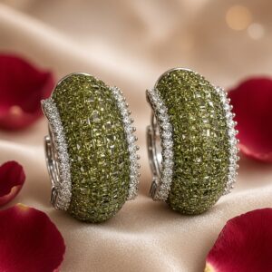 Verdant Olive Mosaic Wide Hoop Earrings With Diamond-like Border-Platinum Finish