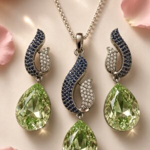 Verdant Flame Olive Teardrop And Sapphire Micro-Pavè Pendant Set-Black Rhodium Finish