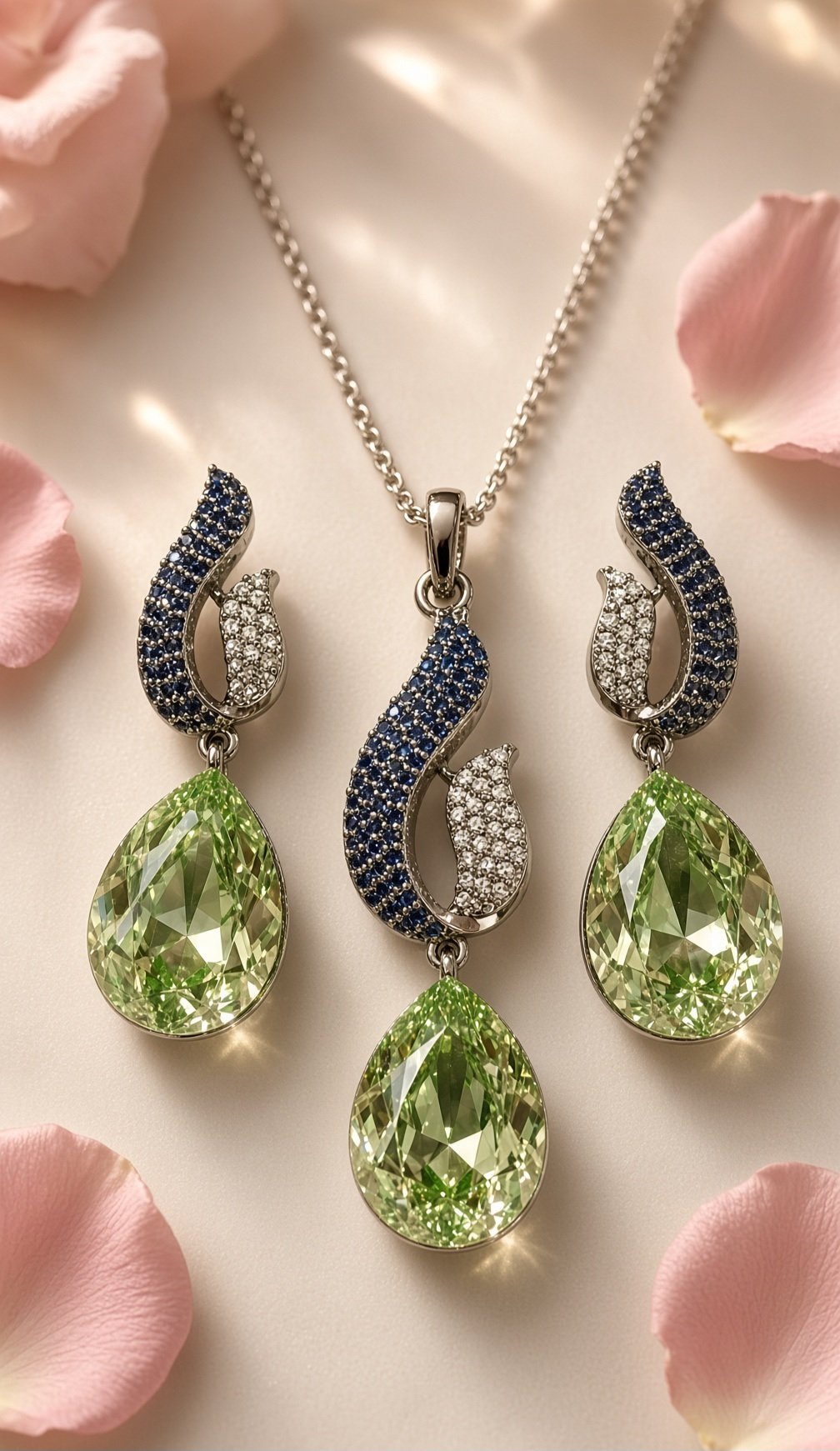 Verdant Flame Olive Teardrop And Sapphire Micro-Pavè Pendant Set-Black Rhodium Finish