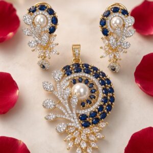 The Royal Sapphire And Pearl Feather Pendant Set-Gold Finish