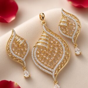 Ethereal Filigree Zircon And Leaf Pendant Set-Gold Finish