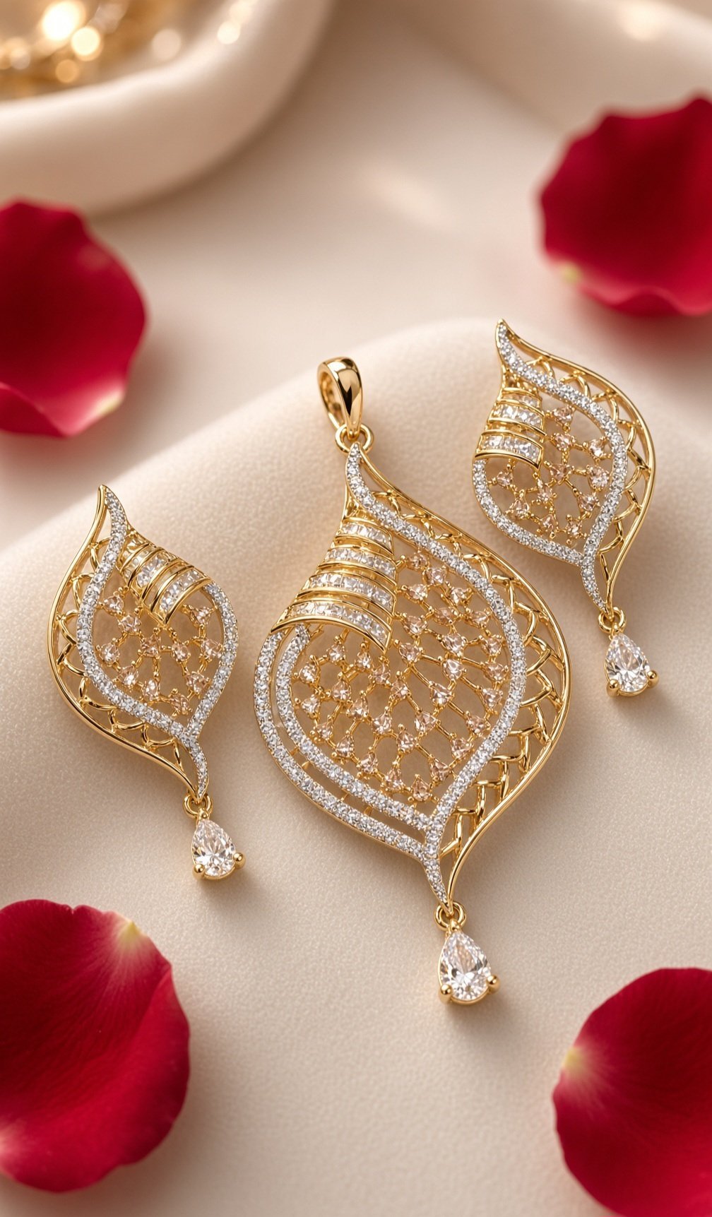 Ethereal Filigree Zircon And Leaf Pendant Set-Gold Finish