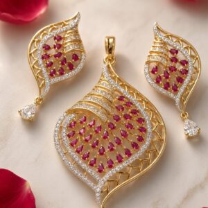 The Majestic Ruby-Cluster Leaf Pendant Set-Gold Finish