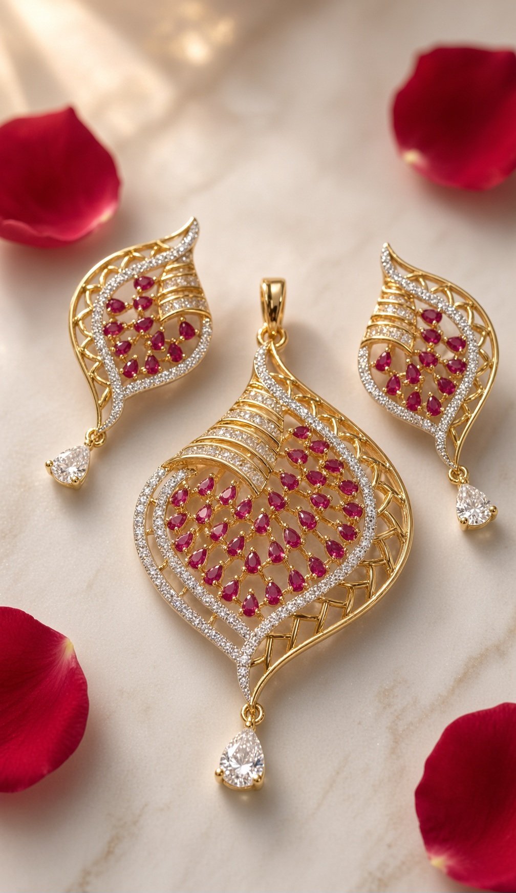 The Majestic Ruby-Cluster Leaf Pendant Set-Gold Finish