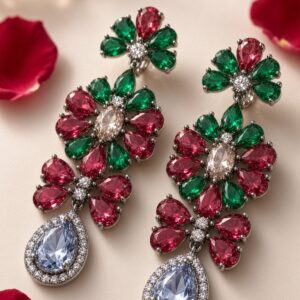 The Royal Garden Emerald And Ruby Floral Earrings-Black Rhodium Finish