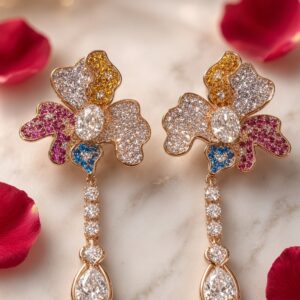 Multi-Gemstone Ombrè Floral And Pear-cut Petal Earrings-Gold Finish