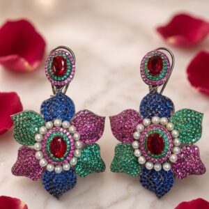 Multicolor Lotus Ruby And Emerald Flower Drop Earrings-Black Rhodium Finish