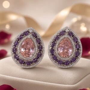 Blush Pink Pear Cut And Purple Gemstone Double Halo Studs-Platinum Finish