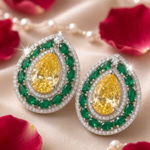 The Sovereign Canary Yellow And Emerald Teardrop Studs-Platinum Finish