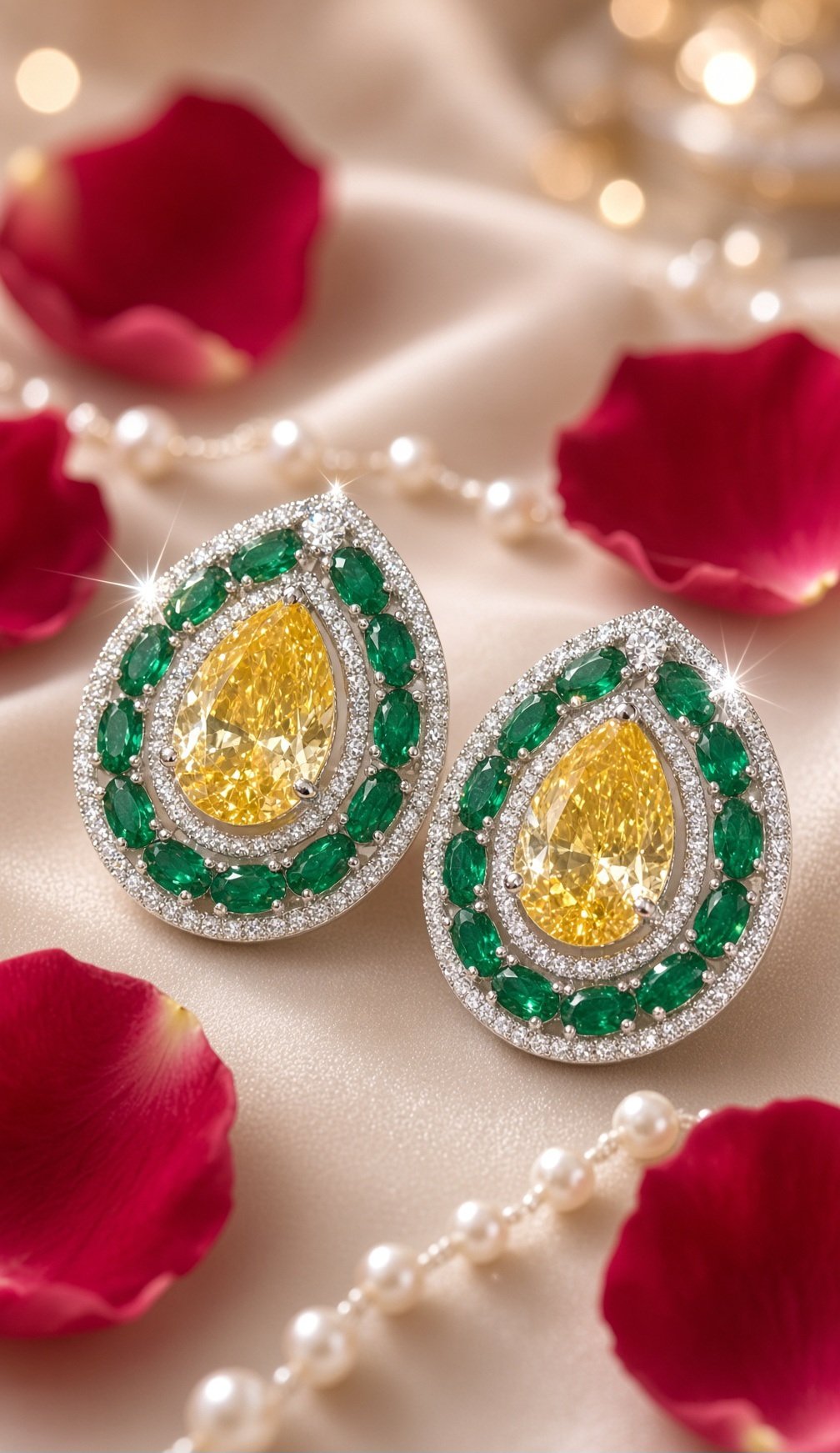 The Sovereign Canary Yellow And Emerald Teardrop Studs-Platinum Finish