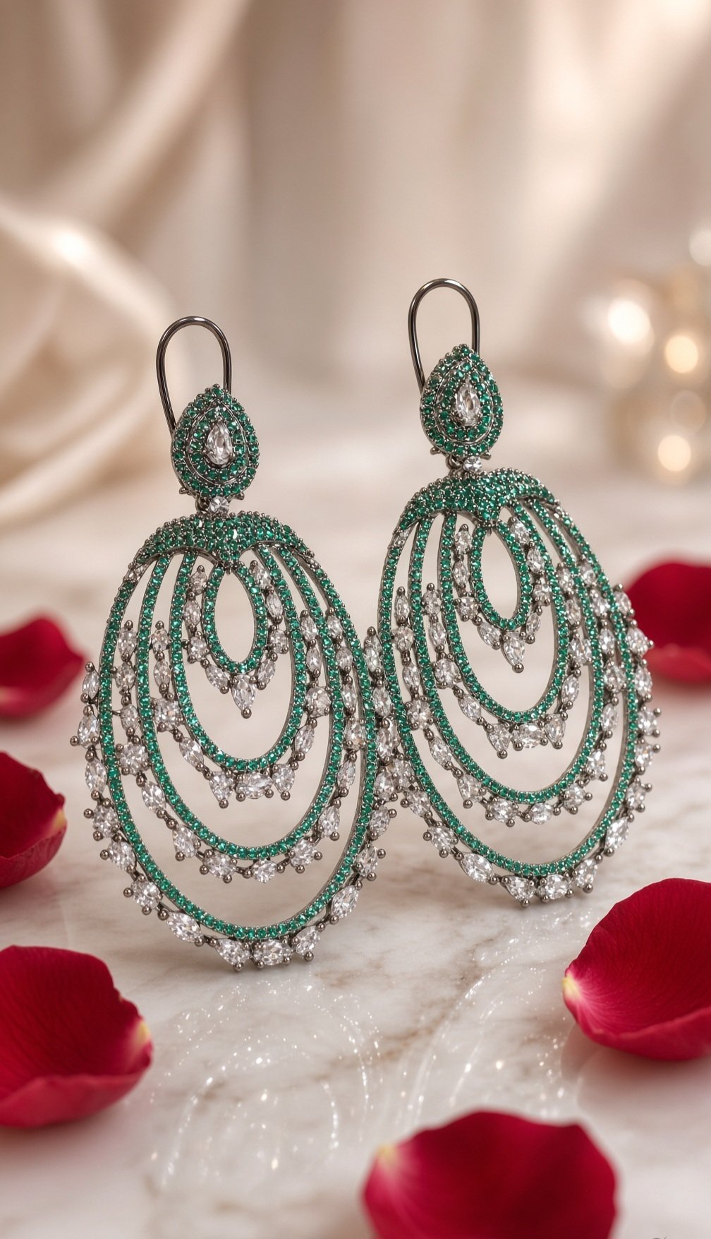 The Emerald Wave Concentric Oval Chandelier Earrings-Black Rhodium Finish