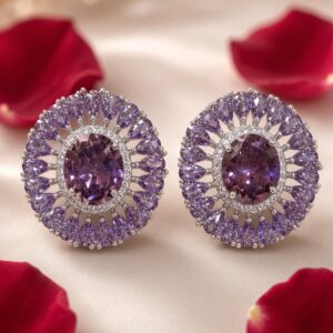 The Amethyst Royale Oval Solitaire Double Halo Studs-Platinum Finish