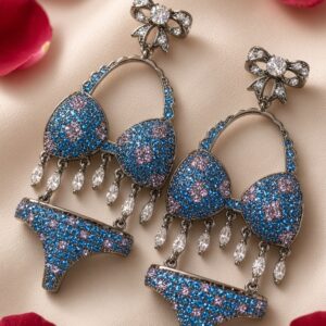 The Riviera Sunbed Bikni Sapphire And Pink Bow Earrings-Black Rhodium Finish
