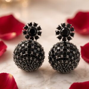 The Noir Sphere Black Spinel And Floral Earrings-Black Rhodium Finish