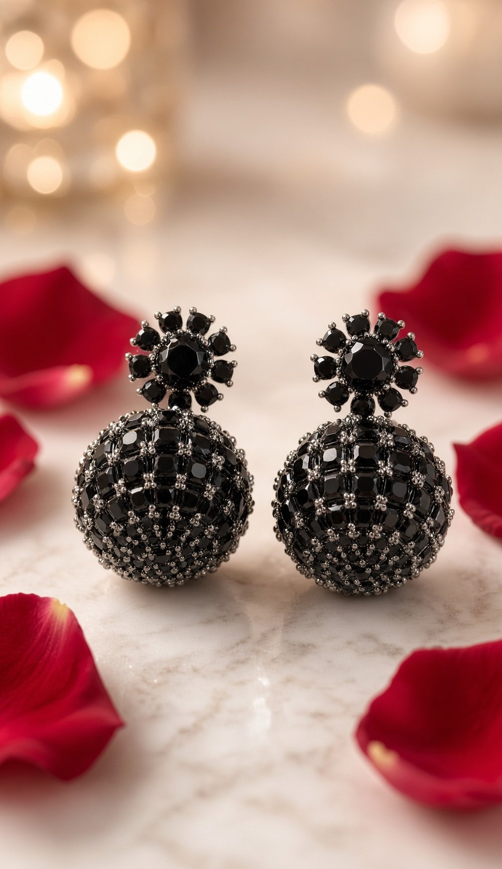 The Noir Sphere Black Spinel And Floral Earrings-Black Rhodium Finish