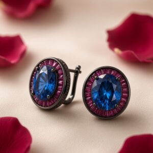 The Royal Velvet Oval Sapphire And Ruby Baguette Earrings-Black Rhodium Finish