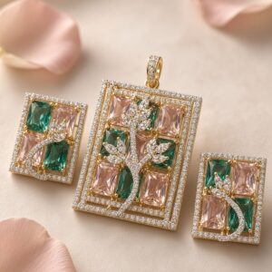 The Eden Square Emerald And Pink Rectangular Pendant Set-Gold Finish