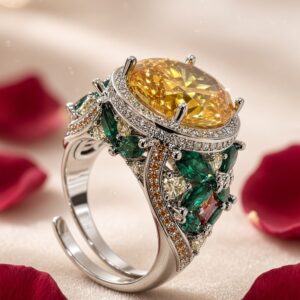 The Solana Oval Canary Gemstone And Emerald Leaf Ring-Platinum Finish